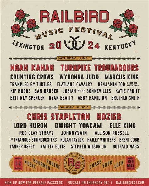 Railbird festival - Anchored by headliners Kentucky native Tyler Childers and Zach Bryan, Railbird Music Festival is set to return to Lexington, KY June 3 & 4, 2023 at The Infield at Red Mile. The two-day experience will feature more than 30 artists performing across three stages, offering an unparalleled bourbon and equine experience. The presale begins …